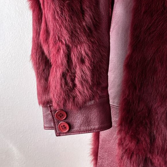Vintage 70s Genuine Rabbit Fur & Leather Coat Long Jacket Sz M Maroon Burgundy - Picture 7 of 11